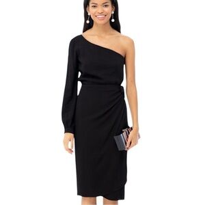 EMERSON FRY TUCKERNUCK CARRIE BLACK 1 SHOULDER LONG SLEEVE WRAP TIE WAIST DRESS